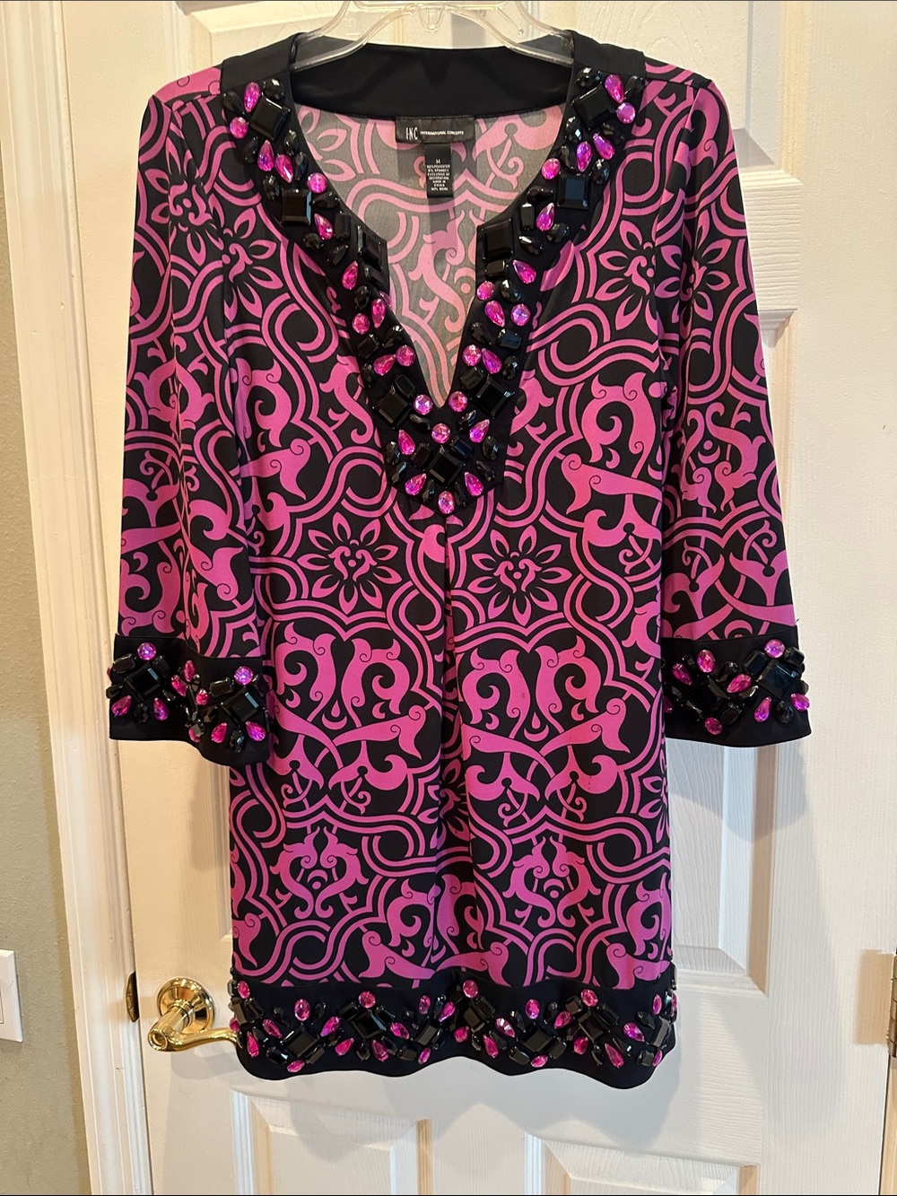INC International Concepts Pink & Black Embellished V-Neck Tunic